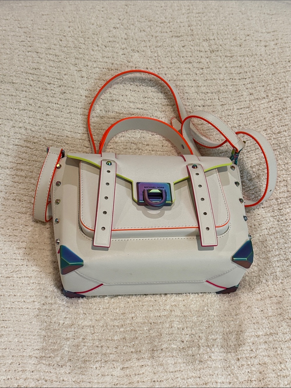 Michael Kors Manhattan Small Satchel White Leather Rainbow Hardware Crossbody